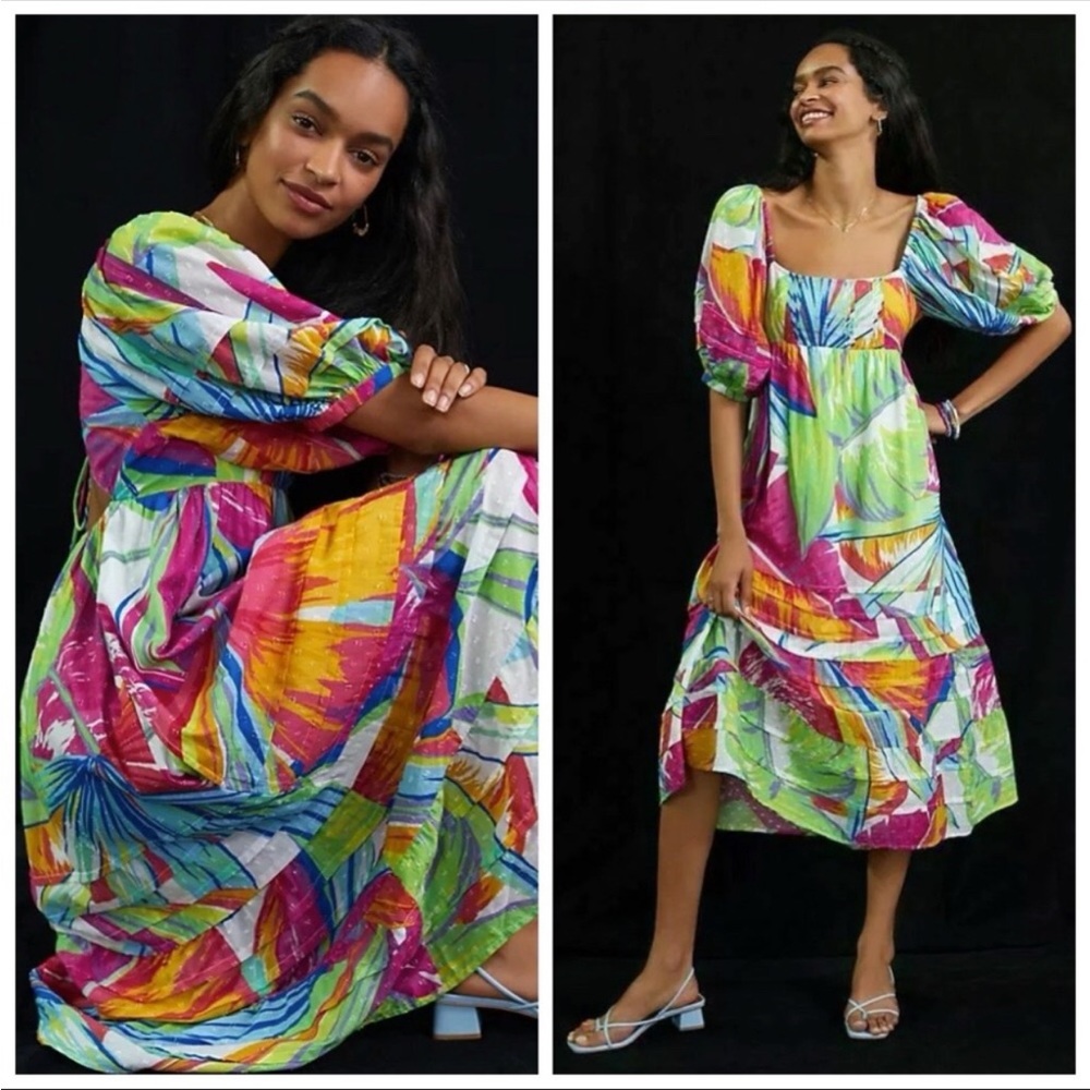 FARM Rio Multicolor Abstract Midi Dress - Pink, Green, Yellow, Blue